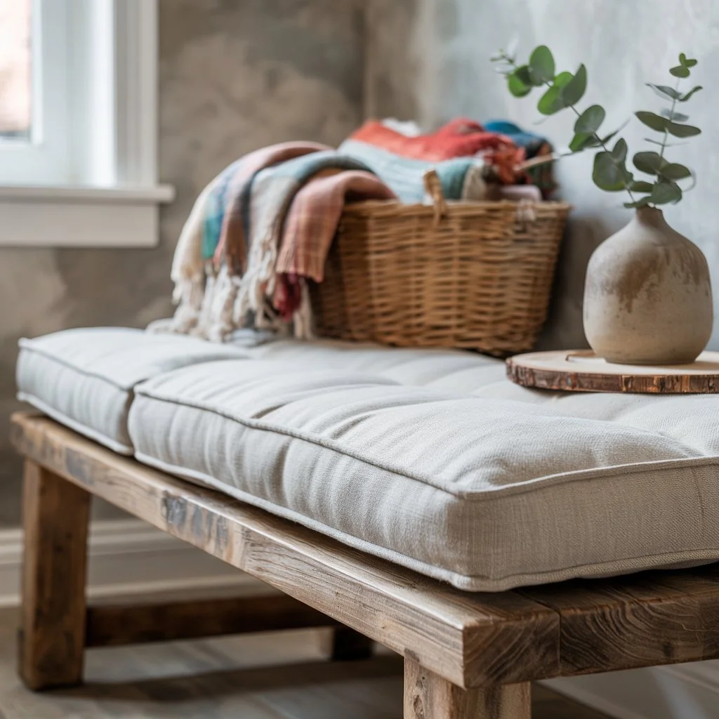 Wooden entryway bench with storage baskets and decorative pillows in a modern hallway.