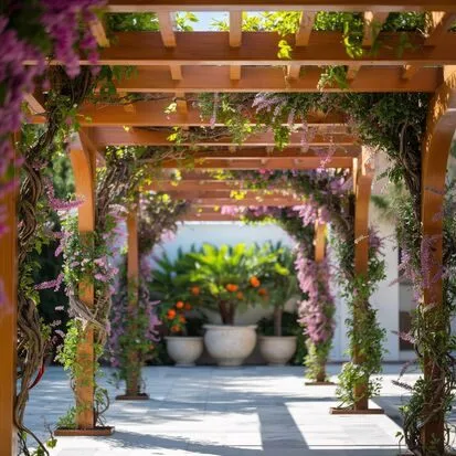 "Rustic pergolas ideas with climbing vines over a patio dining area"