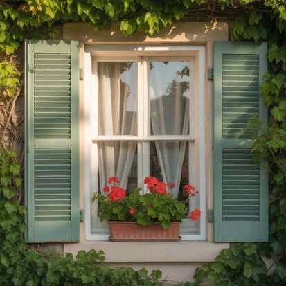 Wood shutters exterior on a classic home with white trim and decorative hardware