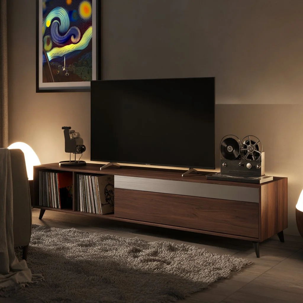 Rustic TV stand decor with framed art and decorative baskets