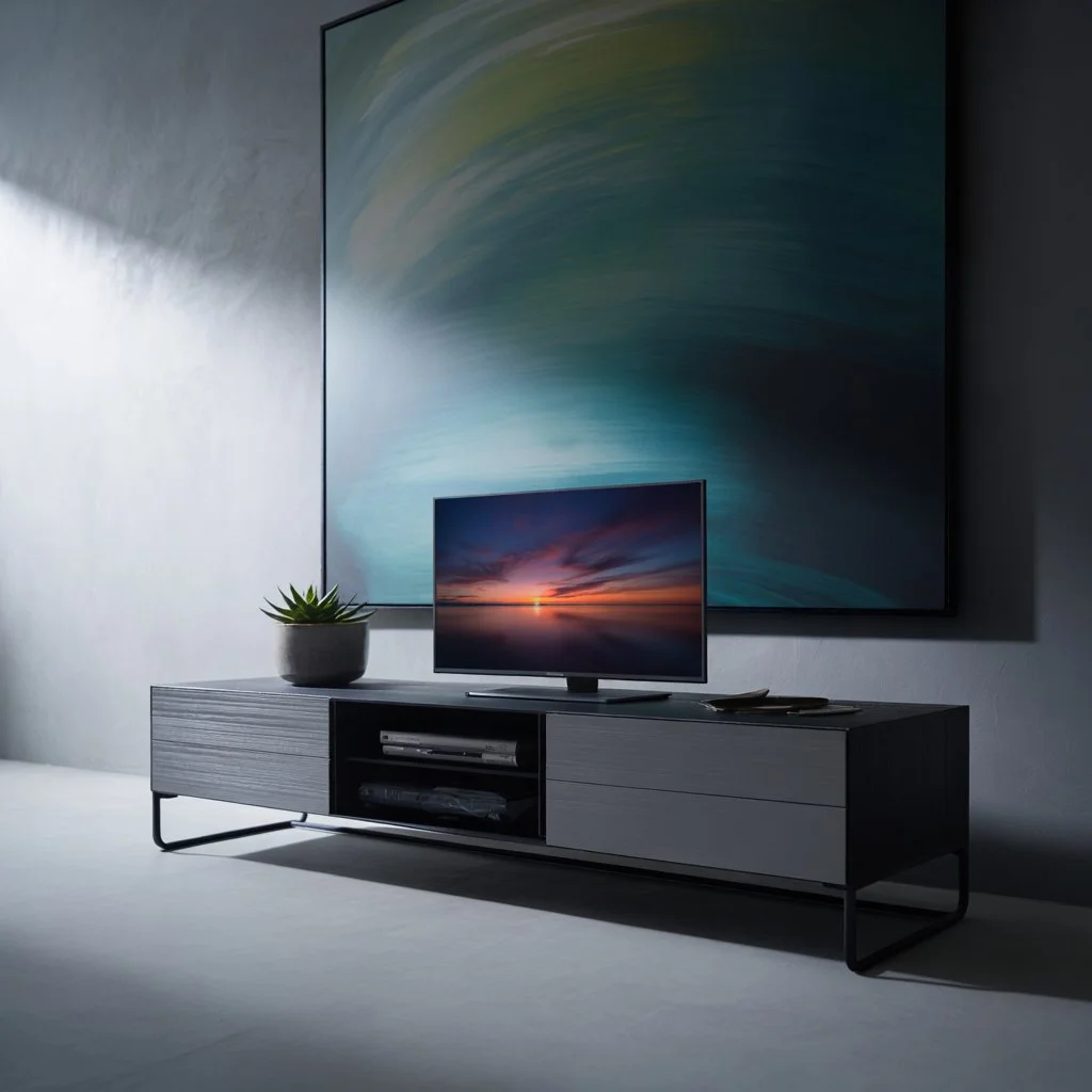 TV stand decor featuring a wall-mounted television and stylish accessories