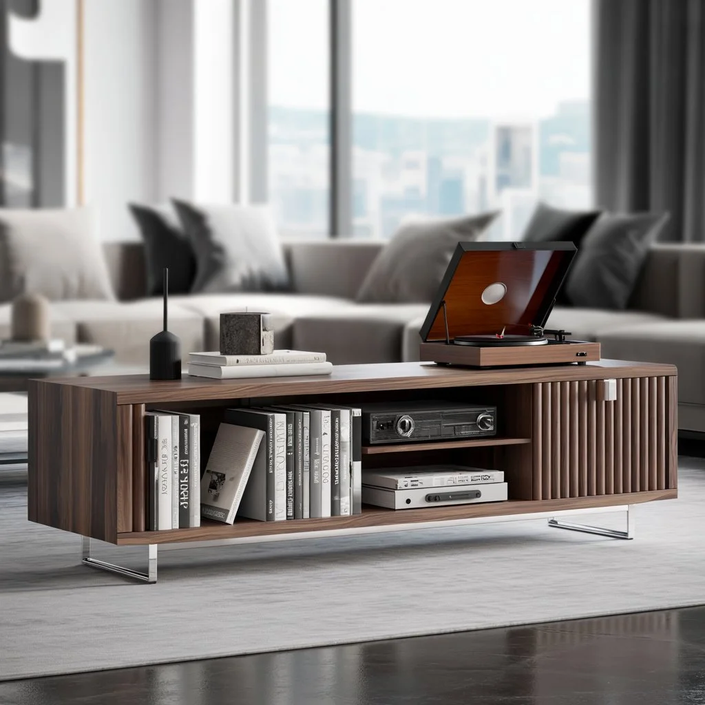 Elegant living room showcasing TV stand decor and ambient lighting