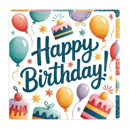 Colorful Happy Birthday Doodles featuring balloons, cakes, and festive designs on a white background, perfect for 2025 celebrations.