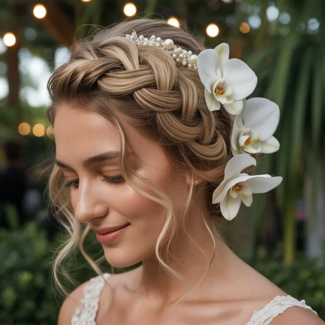 A close-up of an elegant wedding hairstyle featuring a bride's hair styled in a soft, romantic updo. The hair is intricately braided and twisted into a low bun, adorned with delicate pearl pins and a small, sparkling hair accessory. Loose curls frame the style, adding a touch of softness