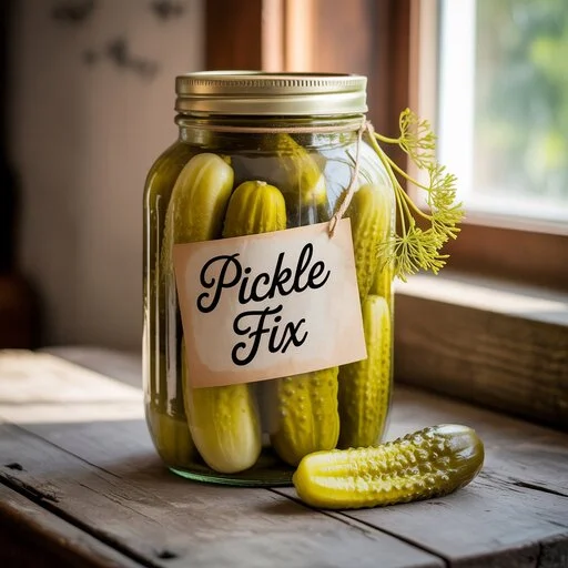 A close-up of a glass jar filled with vibrant green pickles, sealed tightly to demonstrate a successful pickle pix solution.