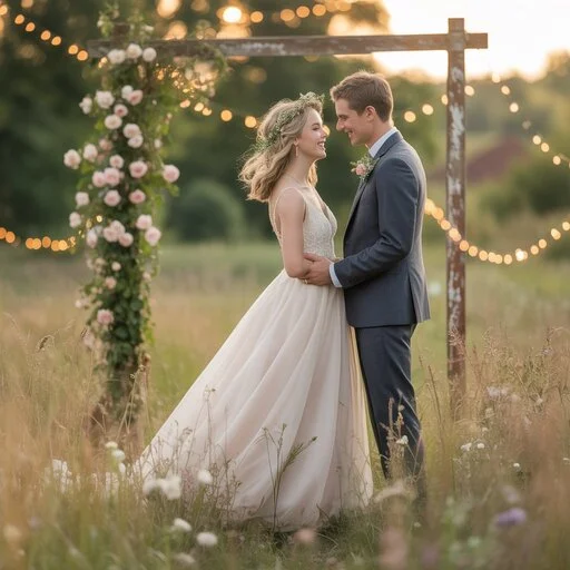 A romantic outdoor wedding  ideas setup featuring a rustic wooden arch adorned with cascading white flowers and lush greenery, set against a backdrop of soft sunset light. The foreground includes elegantly arranged white chairs with delicate tulle bows, leading to a petal-strewn aisle