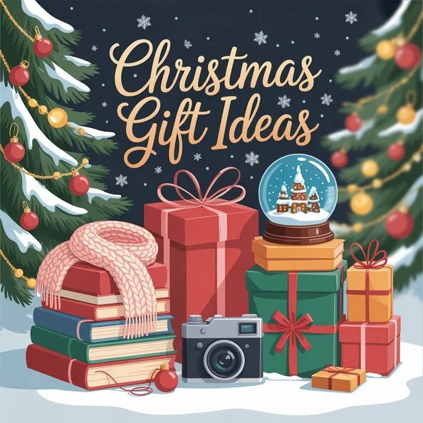 A festive display of Christmas gift ideas for 2025, featuring wrapped presents, a smart speaker, cozy blanket.