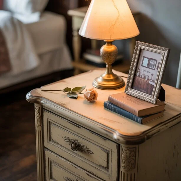 
A modern bedroom nightstand, crafted from warm oak wood, sits against a soft gray wall. The nightstand features a sleek, minimalist design with a single open shelf and a smooth tabletop