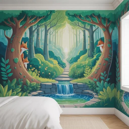 A cozy bedroom features a large, vibrant mural on the focal wall behind the bed. The mural depicts a serene forest scene with tall, lush green trees under a soft blue sky, adding a calming, natural ambiance to the space