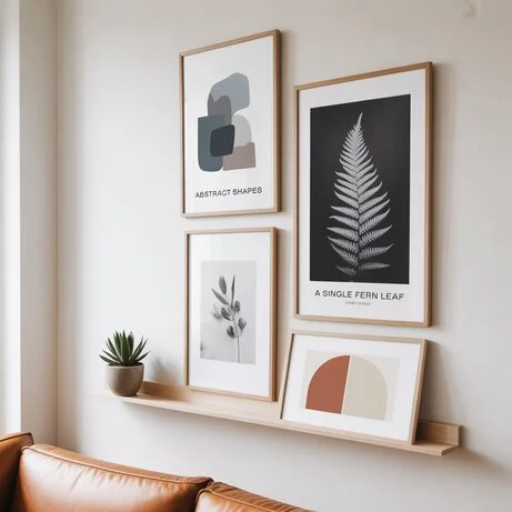 A cozy living room featuring modern room wall decor with colorful abstract art, framed prints, and a gallery wall arrangement above a stylish sofa.