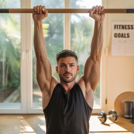 A fit individual performing a dynamic workout in a modern gym, showcasing strength and dedication to achieving a fitness aesthetics.