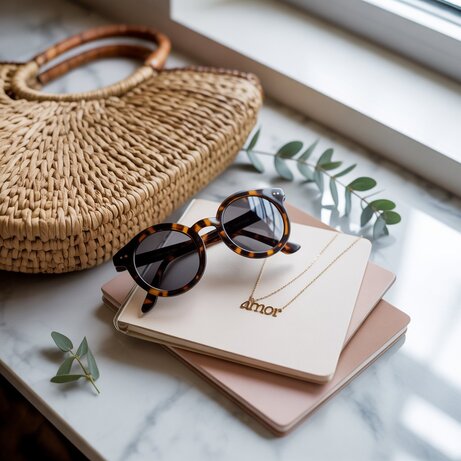 A collection of trendy accessories for everyday wear, featuring stylish sunglasses, a sleek watch, and a chic handbag, arranged on a minimalist white background.