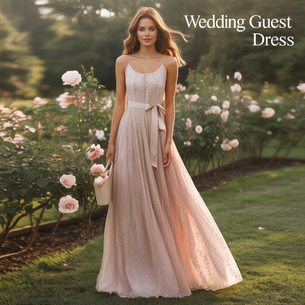 A woman in an elegant, floor-length wedding guest dress with floral patterns, standing gracefully at an outdoor wedding venue.
