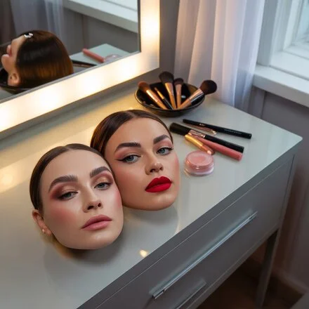 A vibrant makeup palette showcasing bold and creative makeup ideas, featuring colorful eyeshadows, lipsticks, and brushes on a sleek vanity table.