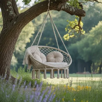 Modern rattan hanging chair with white cushions on a patio surrounded by green plants