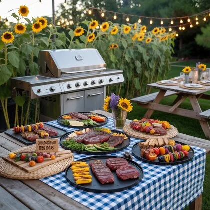 A vibrant backyard BBQ scene with a sizzling grill, colorful table decor, string lights, and friends enjoying food, showcasing outdoor BBQ ideas for a perfect party.
