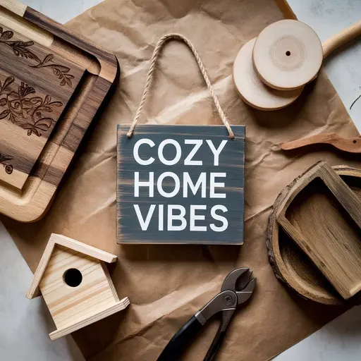 A variety of DIY wood projects displayed in a cozy home setting, including rustic wooden shelves, a modern coffee table, and handmade wall decor,