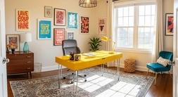 Modern home office with a sleek desk, ergonomic chair, and vibrant decor, showcasing creative home office ideas for productivity and comfort.