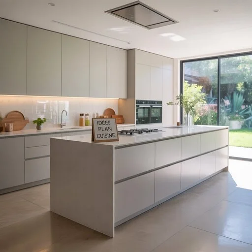 idées de Plan cuisine moderne avec îlot central, plan de travail en bois et design épuré pour un aménagement fonctionnel.