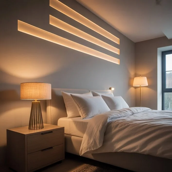 Cozy bedroom with modern pendant lights and soft ambient lighting, showcasing trendy bedroom lighting ideas for a stylish 2025 space.