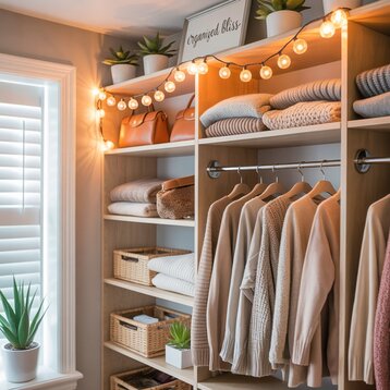 Wooden DIY Closet Shelves neatly organized with folded clothes, baskets, and storage bins in a small, well-lit closet.