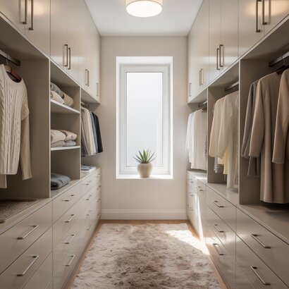 Modern bedroom closet design with white custom shelving, LED lighting, and organized storage for clothes and accessories.