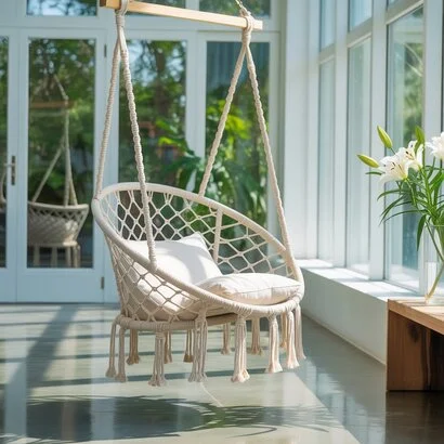 Modern rattan hanging chairs with white cushions on a patio surrounded by green plants