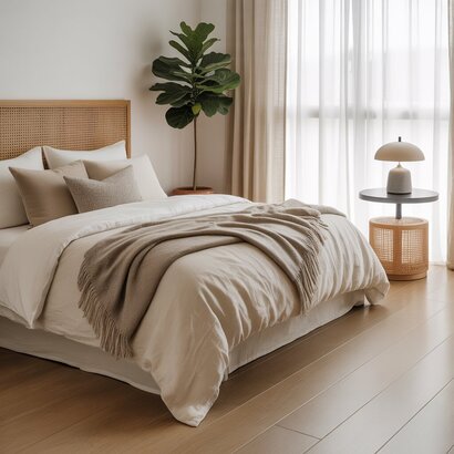 Cozy modern minimalist bedroom with white walls, a low-profile wooden bed, neutral bedding, and a geometric lamp, showcasing a serene bedroom design style.