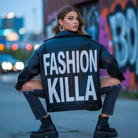 A stylish person modeling a bold, trendy outfit, embodying the "Fashion Killa" vibe with vibrant colors and modern accessories against an urban backdrop.