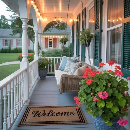Cozy porch makeover featuring a modern wooden swing with plush cushions, vibrant potted plants, and a stylish outdoor rug under soft string lights.