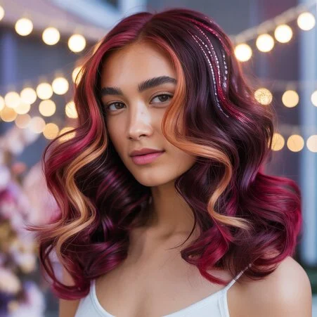 A woman with vibrant cherry cola hair, featuring deep red and brown tones, styled in loose waves against a neutral background.