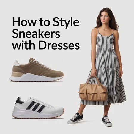 A woman stands outdoors on a sunny day, modeling a casual yet stylish outfit. She wears a flowy, sleeveless midi dress in a soft pastel color, paired with clean white sneakers. The dress has a cinched waist, and she accessorizes with a small crossbody bag and delicate jewelry. The background features a tree-lined street, suggesting an urban setting. The text overlay reads, How To Style Sneakers With Dresses  emphasizing the fusion of comfort and fashion.