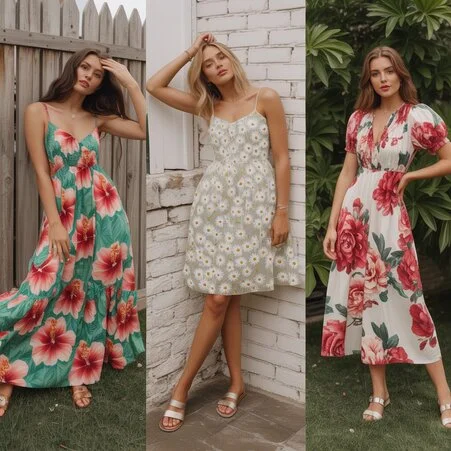 A woman in a vibrant floral dress outfits  stands in a garden, showcasing a stylish, colorful look perfect for spring or summer events.