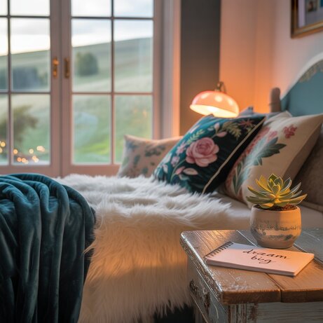 Cozy bedroom theam ideas with a modern boho theme, featuring neutral tones, textured linens, macramé wall decor, and lush green plants, showcasing creative bedroom theme ideas.