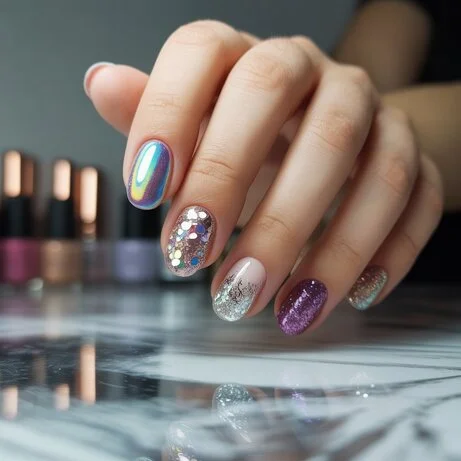 A close-up of glitter nail designs featuring vibrant, sparkly polish in shades of pink, silver, and gold, showcasing intricate patterns and a glossy finish on neatly manicured nails.