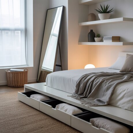A cozy Bedroom storage ideas with built-in shelves, under-bed storage bins, and a wall-mounted organizer, showcasing creative Bedroom storage ideas for maximizing space.