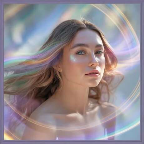 A vibrant close-up of a woman with glowing skin, showcasing Aura Beauty products, surrounded by soft pink flowers and natural skincare items