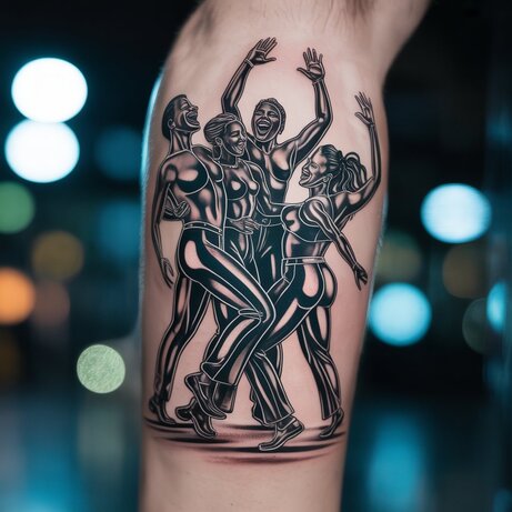 A vibrant chrome dancing people tattoo featuring a ballerina in a pirouette, with metallic, reflective limbs gleaming on skin.