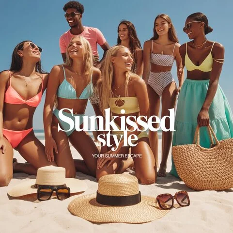 Model in vibrant 2025 trending in beachwear , showcasing trendy bikini and cover-up on a sunny beach.