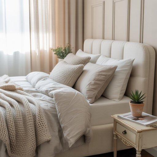 A cozy bedroom photoshoots setup featuring a neatly made bed with soft white linens and plush pillows. Warm, natural light streams through a large window with sheer curtains,