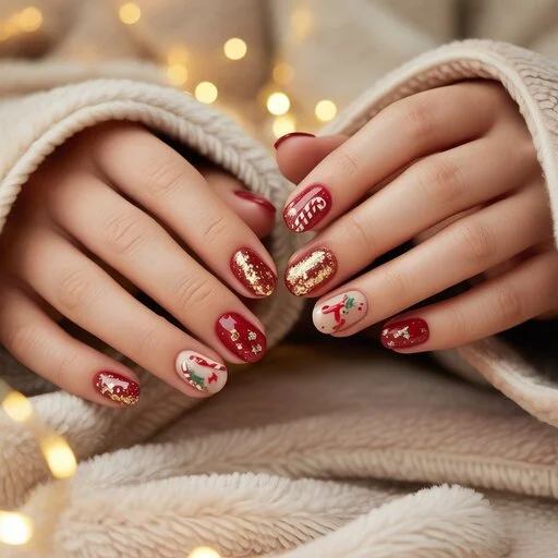 holiday nail designs featuring red and green polish with holly leaf accents and rhinestone