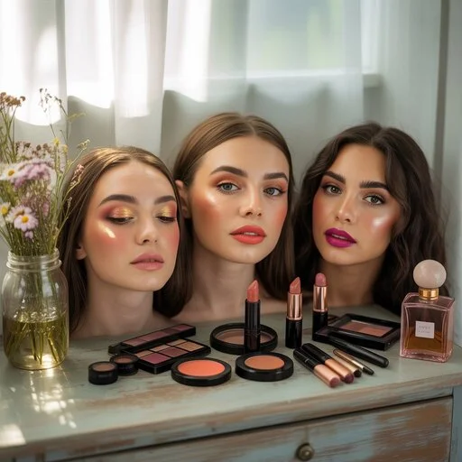 A vibrant summer makeup looks featuring bold coral lipstick, shimmery eyeshadow, and a glowing complexion, perfect for warm, sunny days.