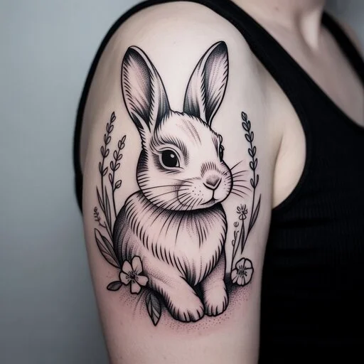 A vibrant Bunny Tattoo featuring a cute rabbit with floral accents, inked on a person's arm, showcasing detailed linework and soft colors.