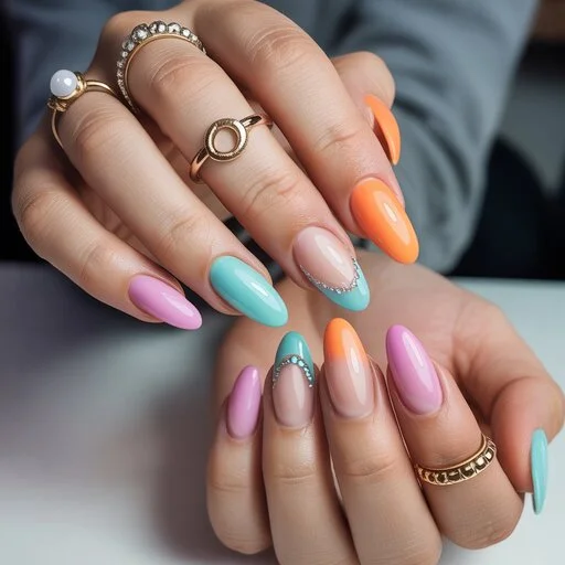 Vibrant acrylic nails ideas 2025 trends, featuring chrome, 3D floral, and minimalist designs in bright colors on coffin-shaped nails.