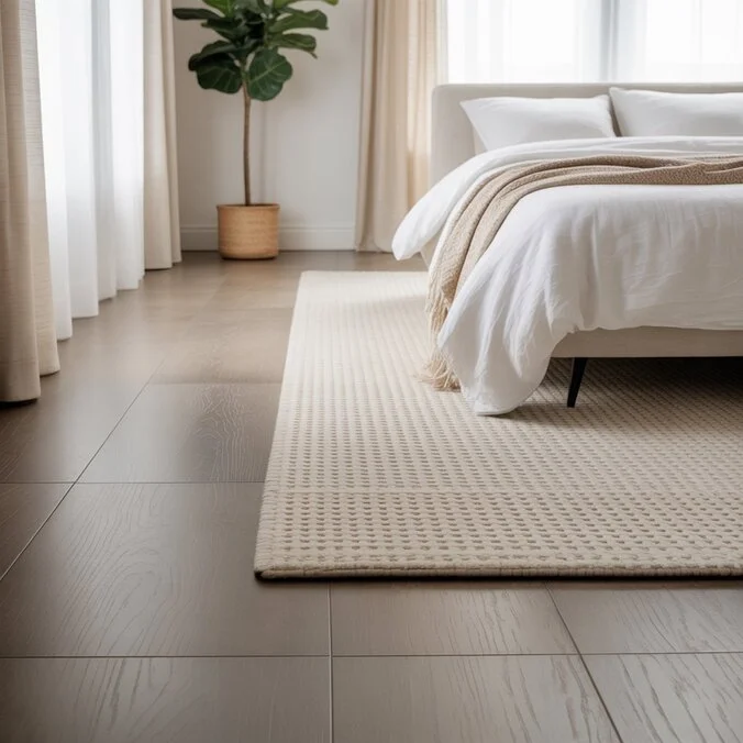 Modern bedroom with cozy hardwood flooring, showcasing stylish bedroom flooring ideas for a warm, inviting space in 2025.