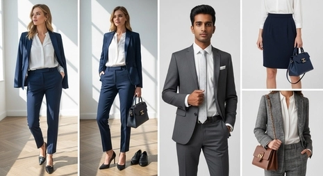 A person in a sleek business professional outfits, featuring a tailored suit, crisp dress shirt, tie, and polished dress shoes, standing in a modern corporate office.