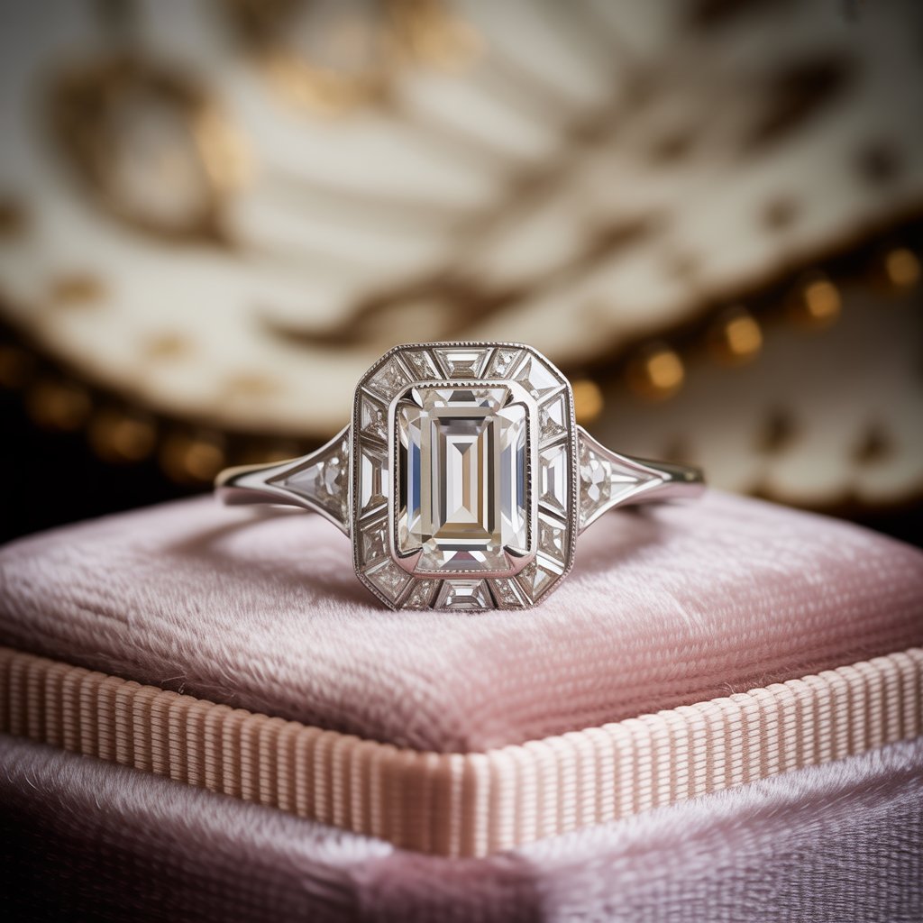 A close-up of an Art Deco engagement rings featuring intricate geometric patterns, a sparkling central diamond, and elegant platinum setting.