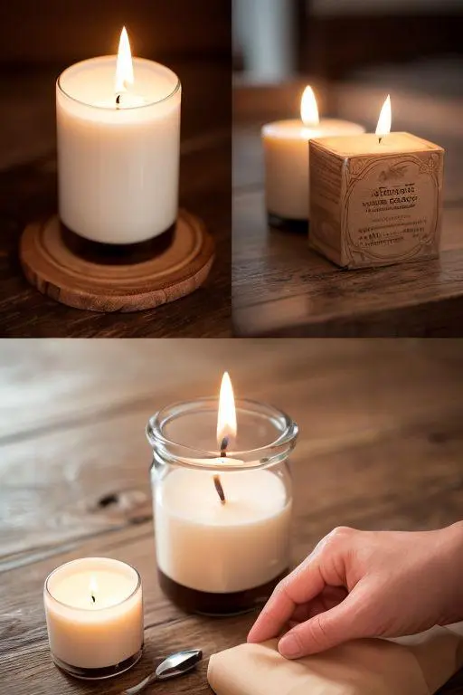 DIY candle making setup with soy wax, wicks, glass jars, and fragrance oils on a wooden table, showcasing a beginner-friendly candle crafting process.