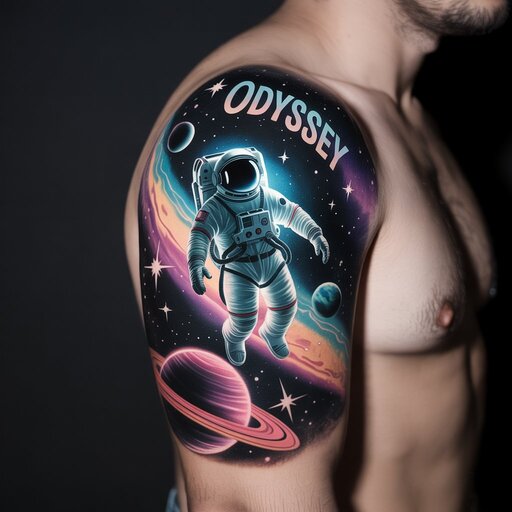 Realistic astronaut tattoo on forearm, featuring a floating astronaut with a reflective visor and starry galaxy background.