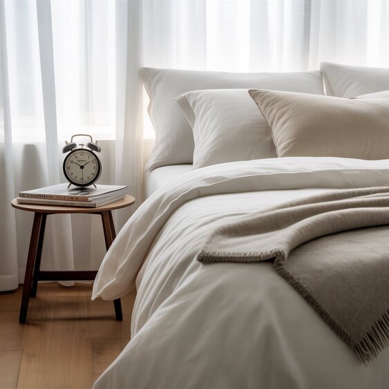 Professional bedroom photoshoot capturing a cozy, stylish bedroom with soft lighting, modern decor, and inviting ambiance, perfect for real estate or interior design showcases.
